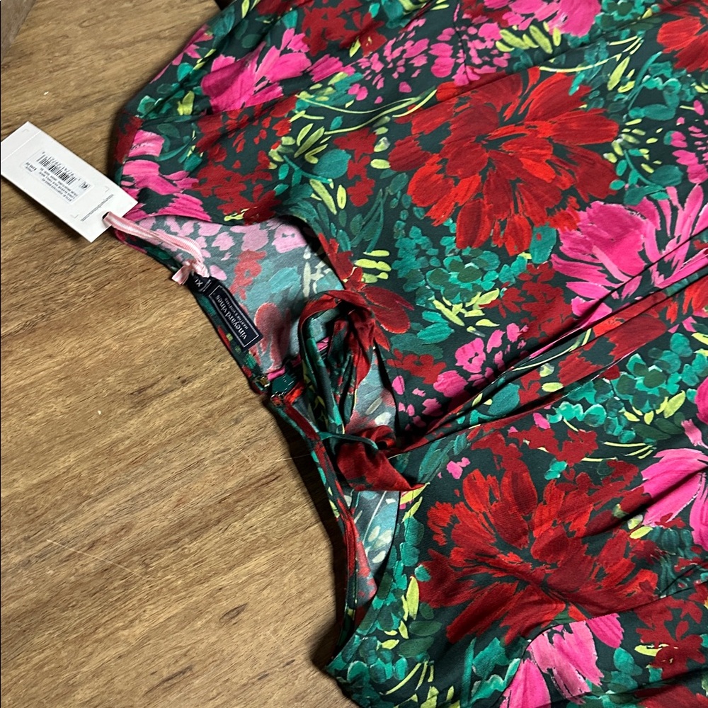 Vineyard vines nwt silk twill Christmas colors green red pink long sleeve dress - Picture 7 of 12